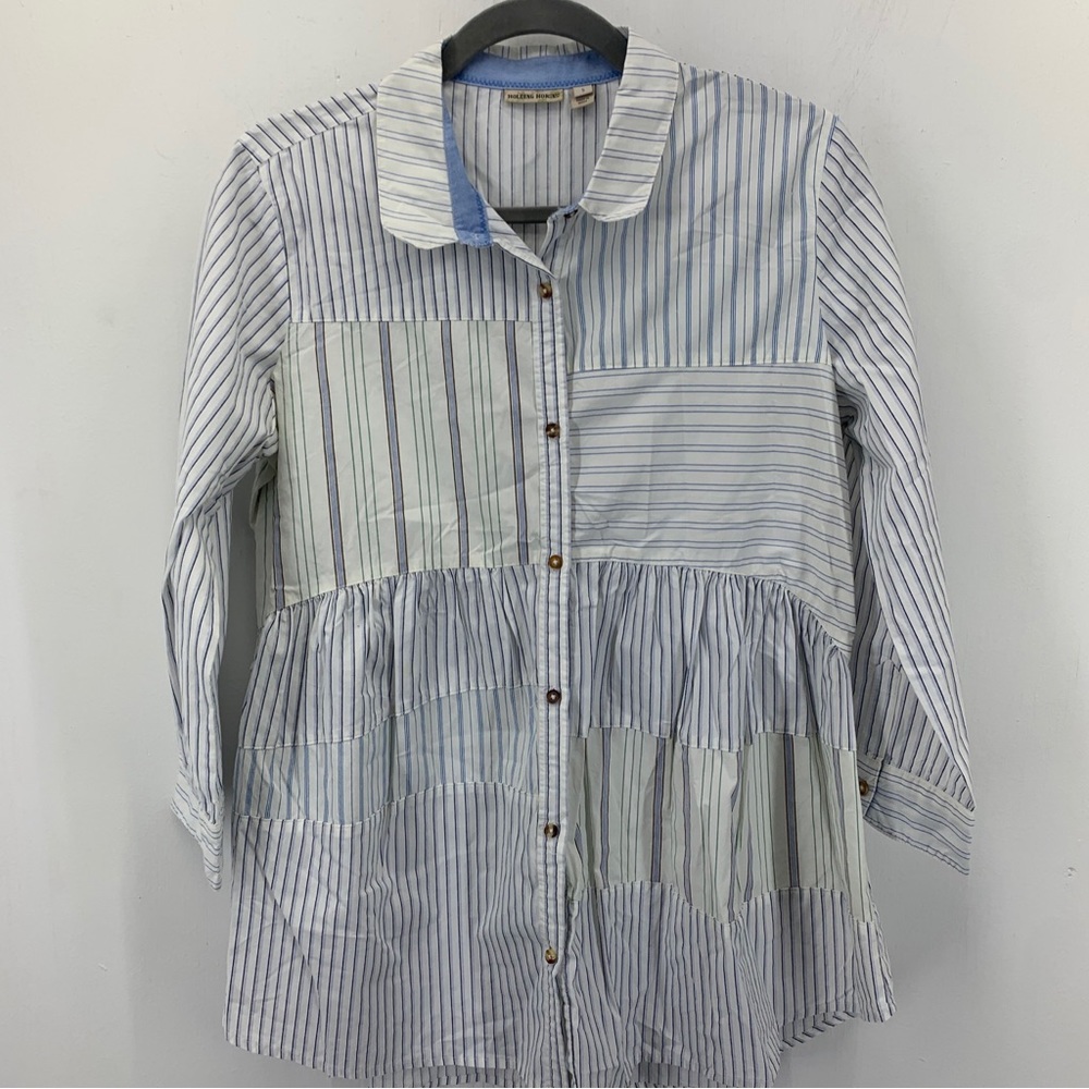 Anthropologie Holding Horses Small Tunic Top Tiered Cotton Stripes Patchwork